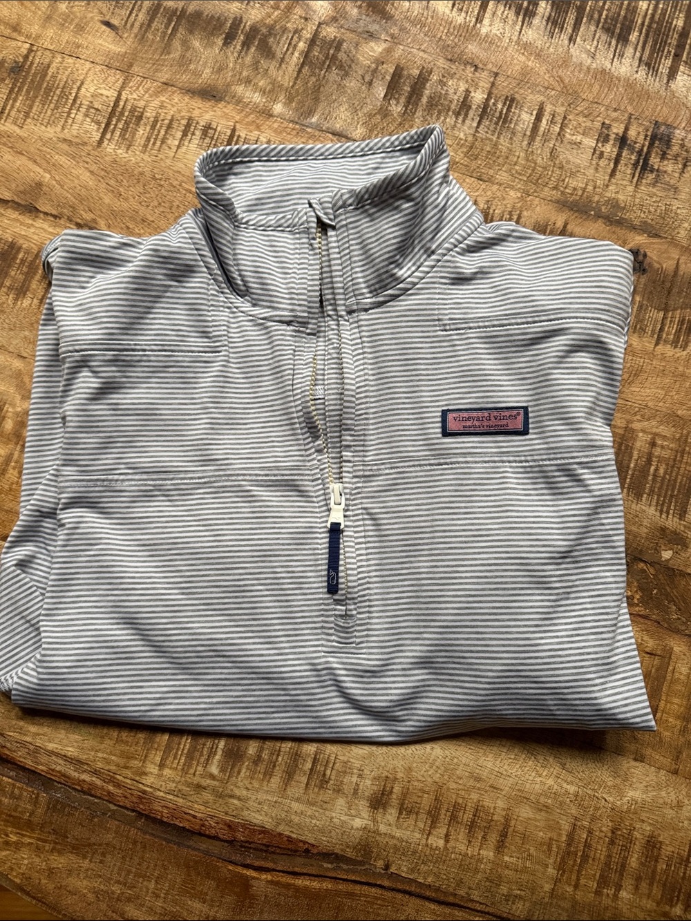 Vineyard Vines Light Gray and White Striped Half-Zip Pullover